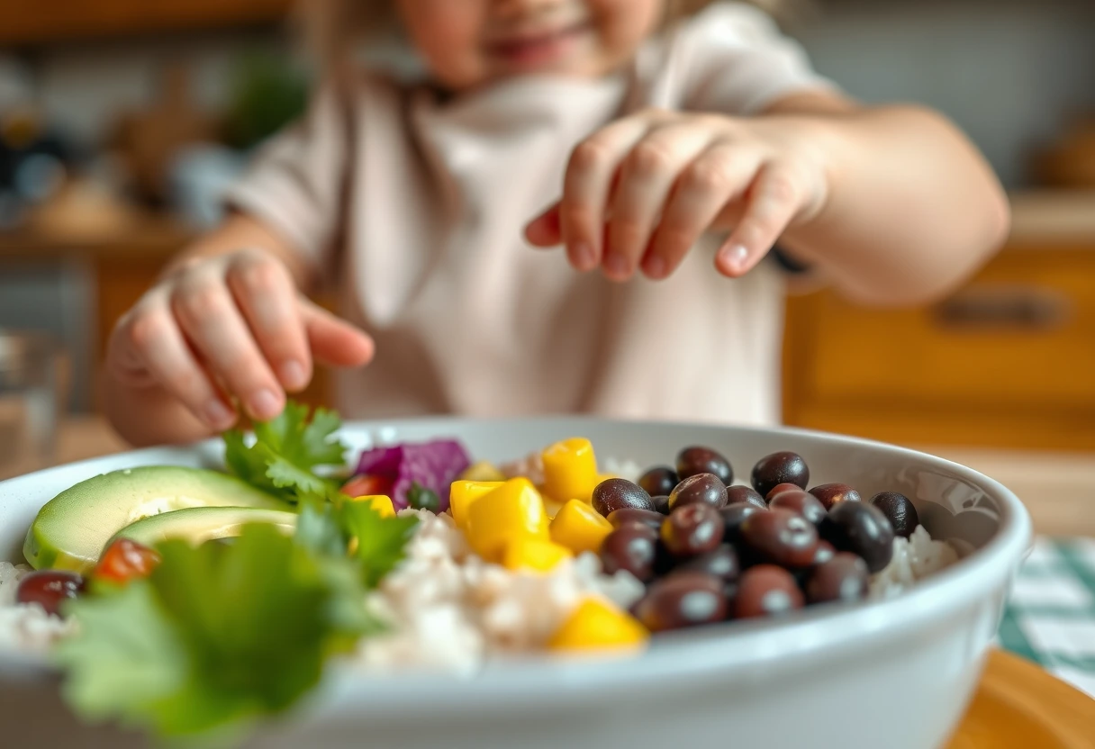 A family enjoying simple vegetarian dinners even kids will eat, featuring a colorful bean burrito bowl. The image shows a mother and child smiling, with bowls filled with rice, black beans, corn, and avocado on a rustic wooden table.