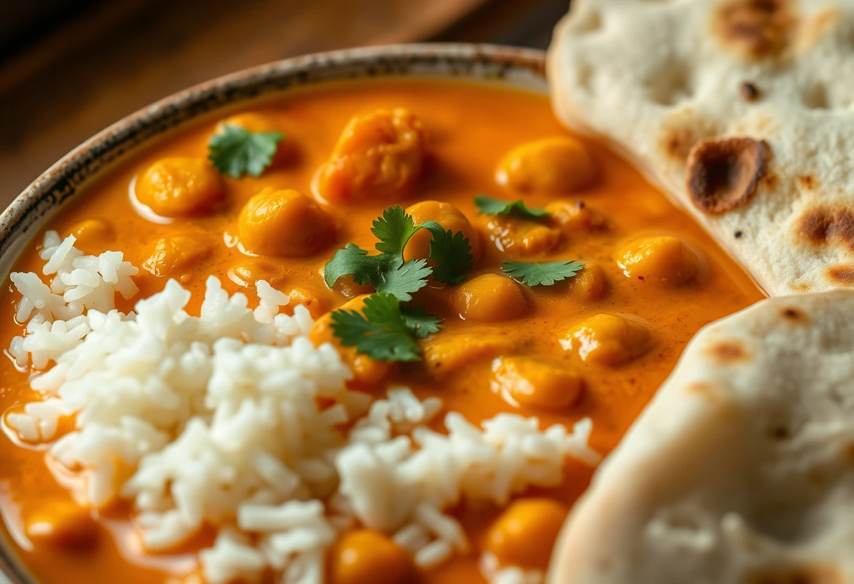 A vibrant curry dish, an example of simple vegetarian dinners even kids will eat, being served. The image focuses on a bowl of rich, orange-colored curry with visible chickpeas and vegetables, with a side of rice, indicating a healthy, appealing meal for families.