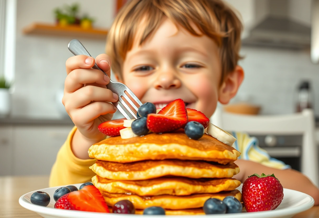 A child enthusiastically eating simple vegetarian dinners even kids will eat, specifically a plate of vibrant, colorful pancakes or waffles with fresh fruit. The image focuses on the child's happy face and the appealing, healthy meal.
