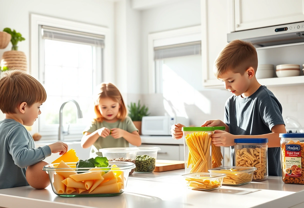 A single mom and her two children happily preparing a simple weekly meal plan together in a brightly lit, modern kitchen. The table is covered with prepped ingredients like chopped vegetables and labeled containers of cooked grains, symbolizing efficient meal planning for single mothers.