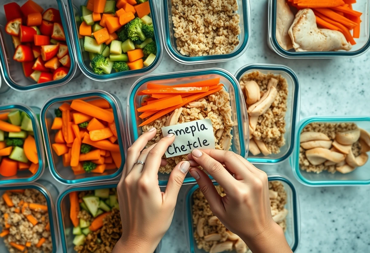 A single mom efficiently batch cooking in her kitchen, surrounded by neatly arranged containers of pre-chopped vegetables, cooked quinoa, and grilled chicken. Her child is playing nearby, showing how simple weekly meal plans for single moms free up time for family.