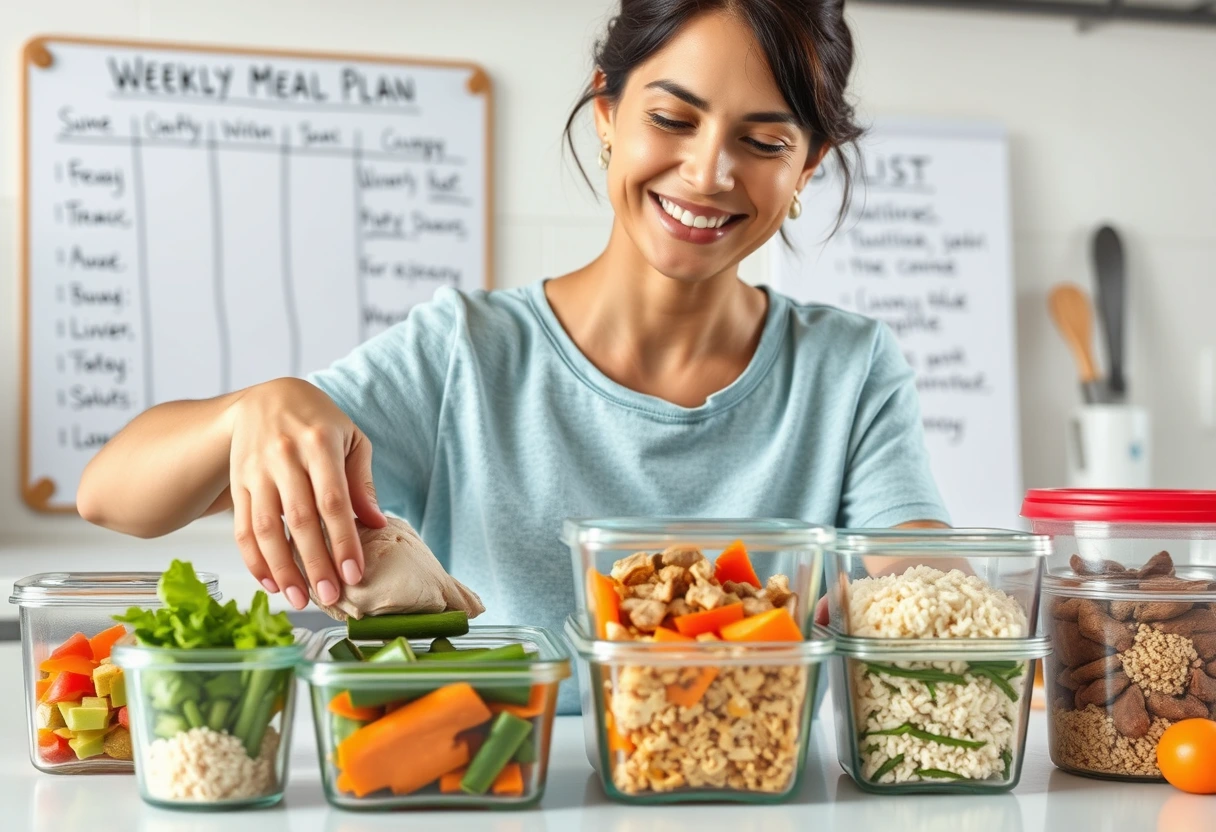 A single mother smiling while organizing prepped ingredients for stress-free dinner ideas, showcasing meal planning efficiency.