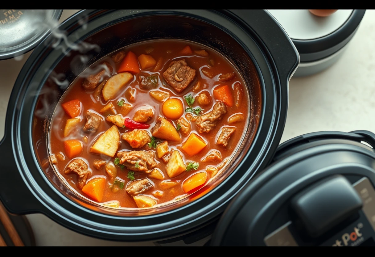 A slow cooker bubbling with a delicious meal, representing time-saving dinner prep hacks for busy single parents.