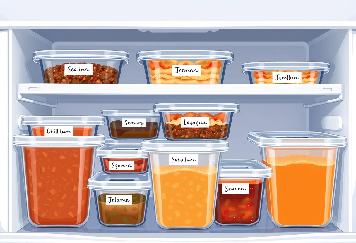 A freezer stocked with clearly labeled, pre-made meals for single moms, showing effective freezer meal planning.