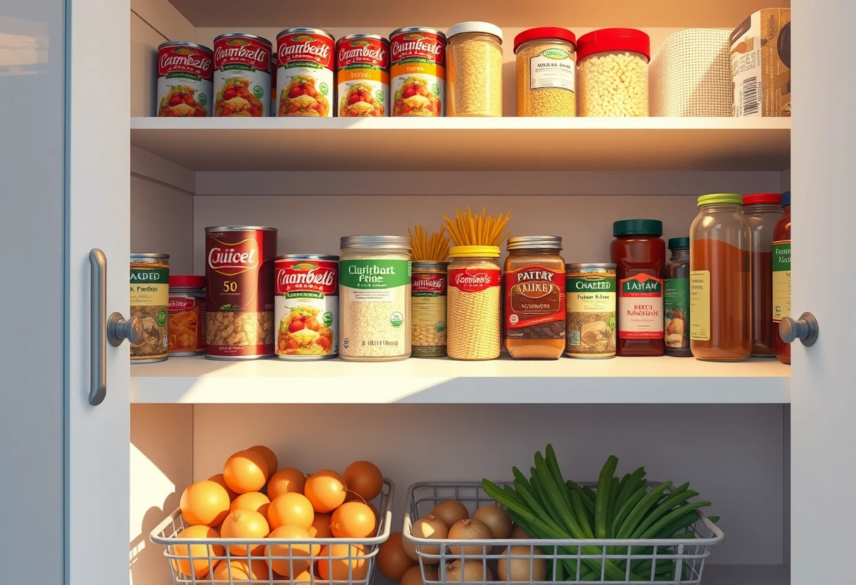 A well-organized pantry with common staples for busy single mothers, emphasizing smart shopping for efficient meal prep.