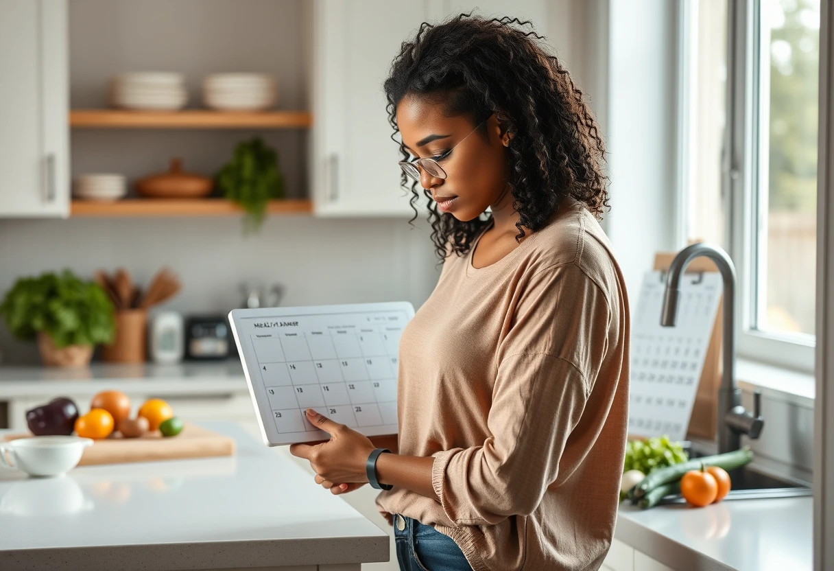 A single mom looking thoughtfully at a weekly meal planner on her kitchen counter, with a calendar and healthy ingredients around her. The image conveys 'organized meal planning for single moms'.