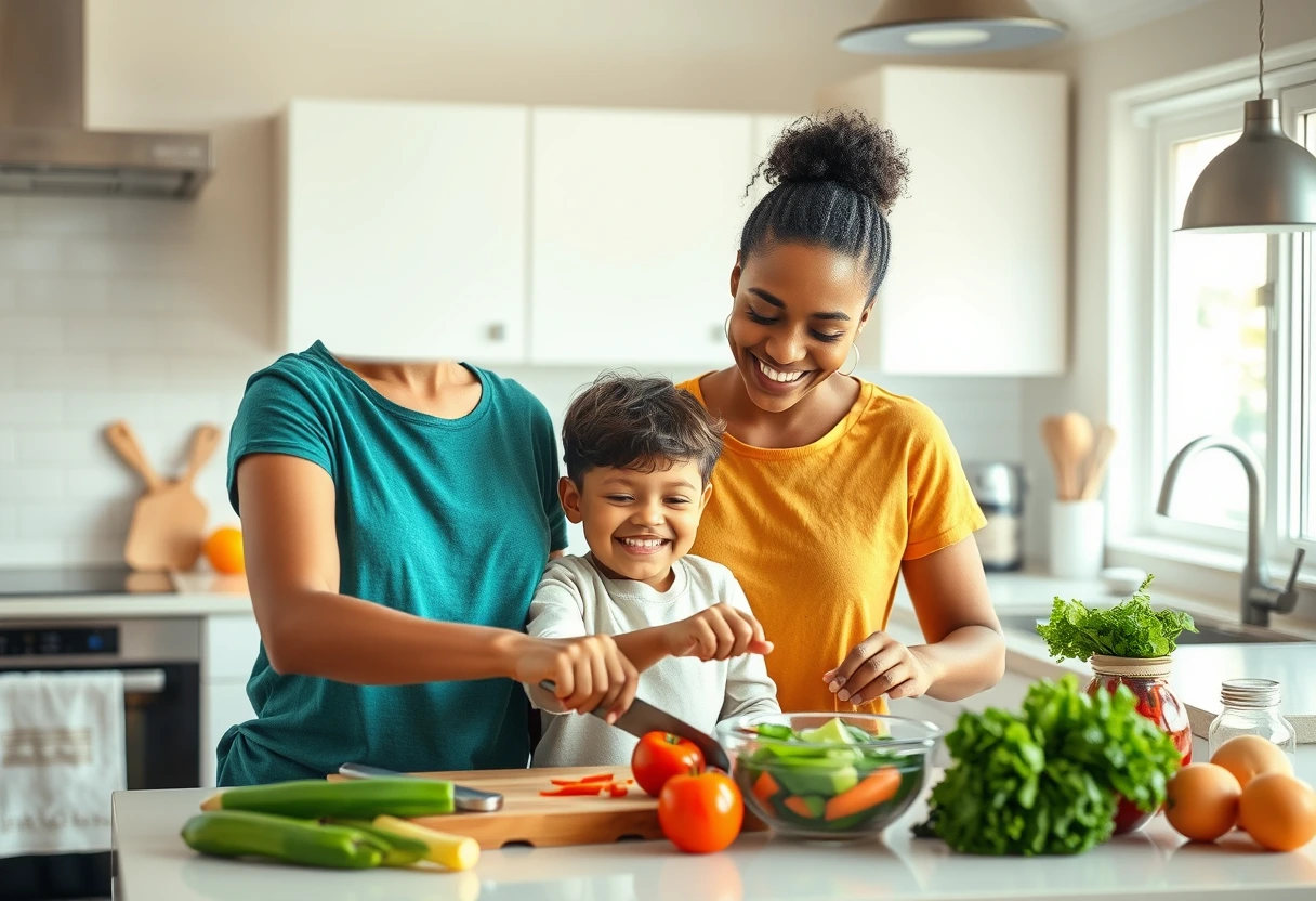 A single mom and her child preparing a simple, healthy meal together in a bright kitchen, emphasizing 'budget-friendly and healthy meals for busy parents'.