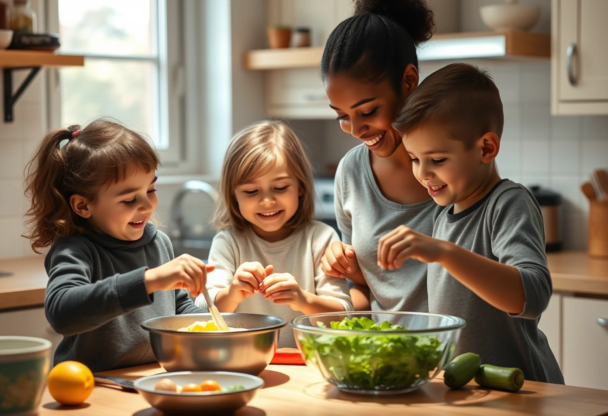 A single mom and her children enthusiastically preparing a simple, healthy meal together in a kitchen, demonstrating 'family-friendly meal prep activities'.