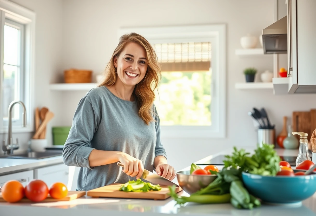 A busy mom smiling while effortlessly preparing a simple, healthy meal in a bright vacation kitchen, embodying the spirit of stress-free recipes for busy moms on vacation.