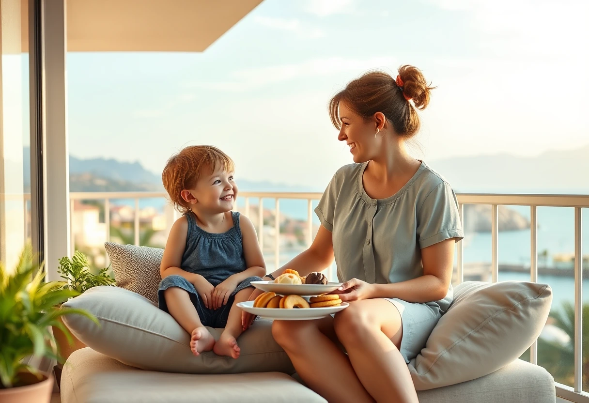 A relaxed mom and her child are enjoying a homemade, simple dessert on a balcony overlooking a vacation scene, highlighting the ease of stress-free recipes for busy moms on vacation.