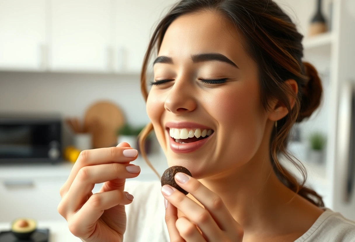 A busy mom smiling while enjoying a small, stress-free sweet treat, with a blurred kitchen background, highlighting quick dessert ideas.