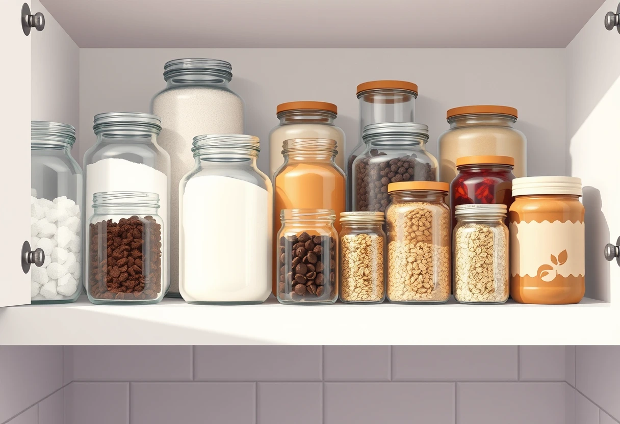 A neatly organized pantry with baking ingredients like flour, sugar, chocolate chips, and dried fruit, ready for time-saving baking.