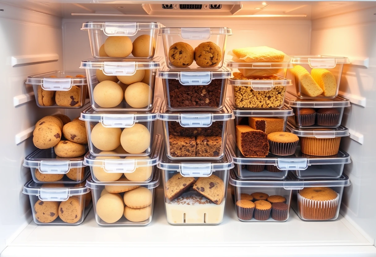 Frozen homemade cookie dough balls neatly stacked in a freezer-safe container, demonstrating easy treat recipes for future baking.