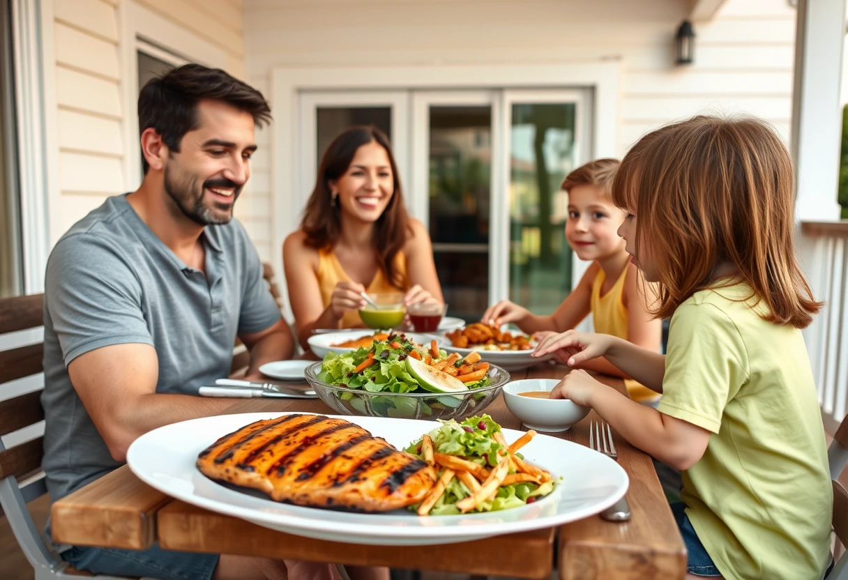 A relaxed family enjoying a simple, hearty meal outdoors, symbolizing stress-free vacation cooking for a large group.