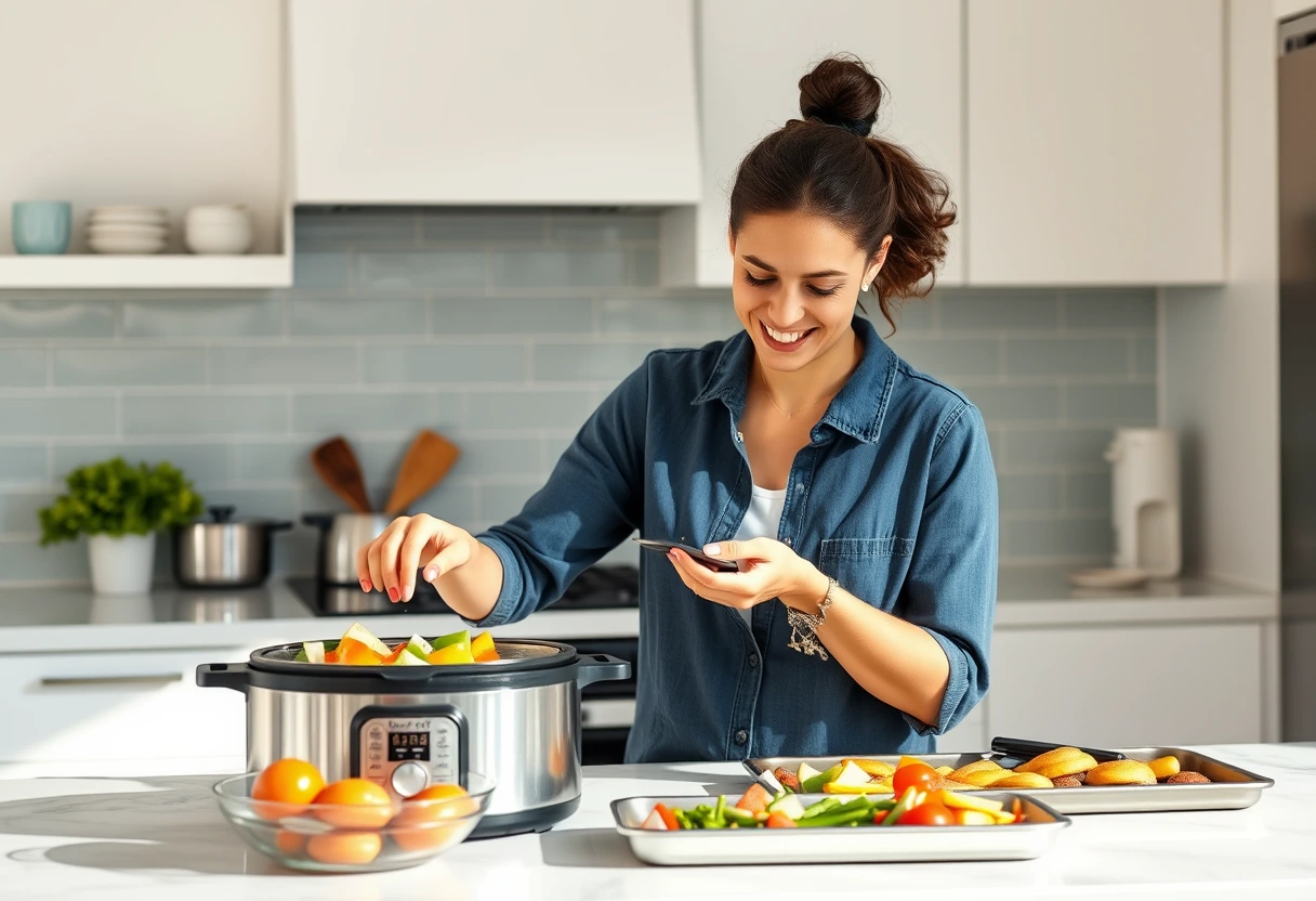A busy mother effortlessly preparing a meal in a vacation rental kitchen, highlighting the convenience of easy vacation cooking for big groups.