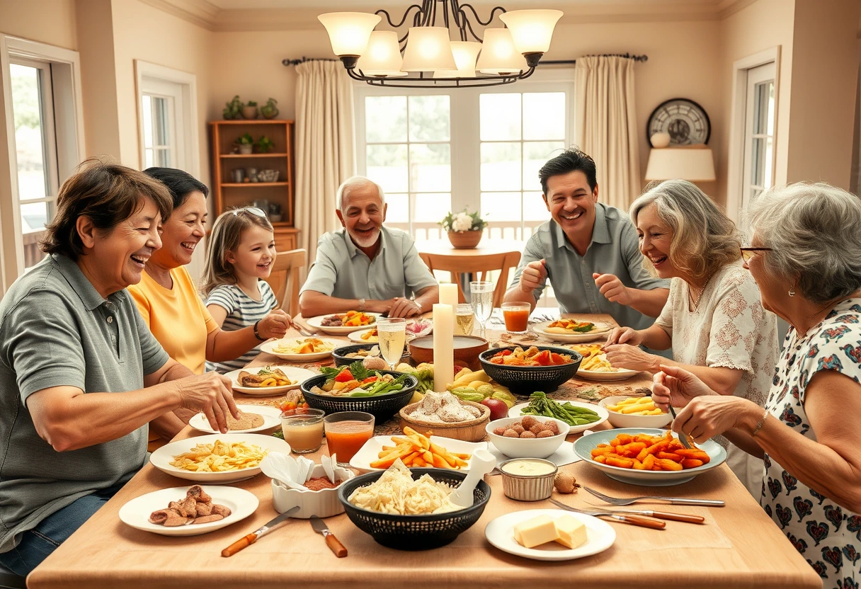 A happy family laughing and sharing food at a large table, emphasizing the joy and ease of stress-free vacation meals for groups.