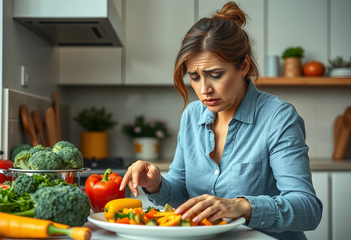 A tired but determined busy mom quickly preparing a healthy meal for her kids in a modern kitchen, with vegetables and cookware on the counter, symbolizing super easy kids dinner ideas.