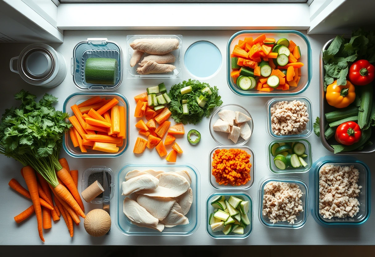 A vibrant display of fresh, colourful ingredients, including chopped vegetables and lean proteins, ready for quick meal prep, illustrating easy meal prep strategies for busy moms.