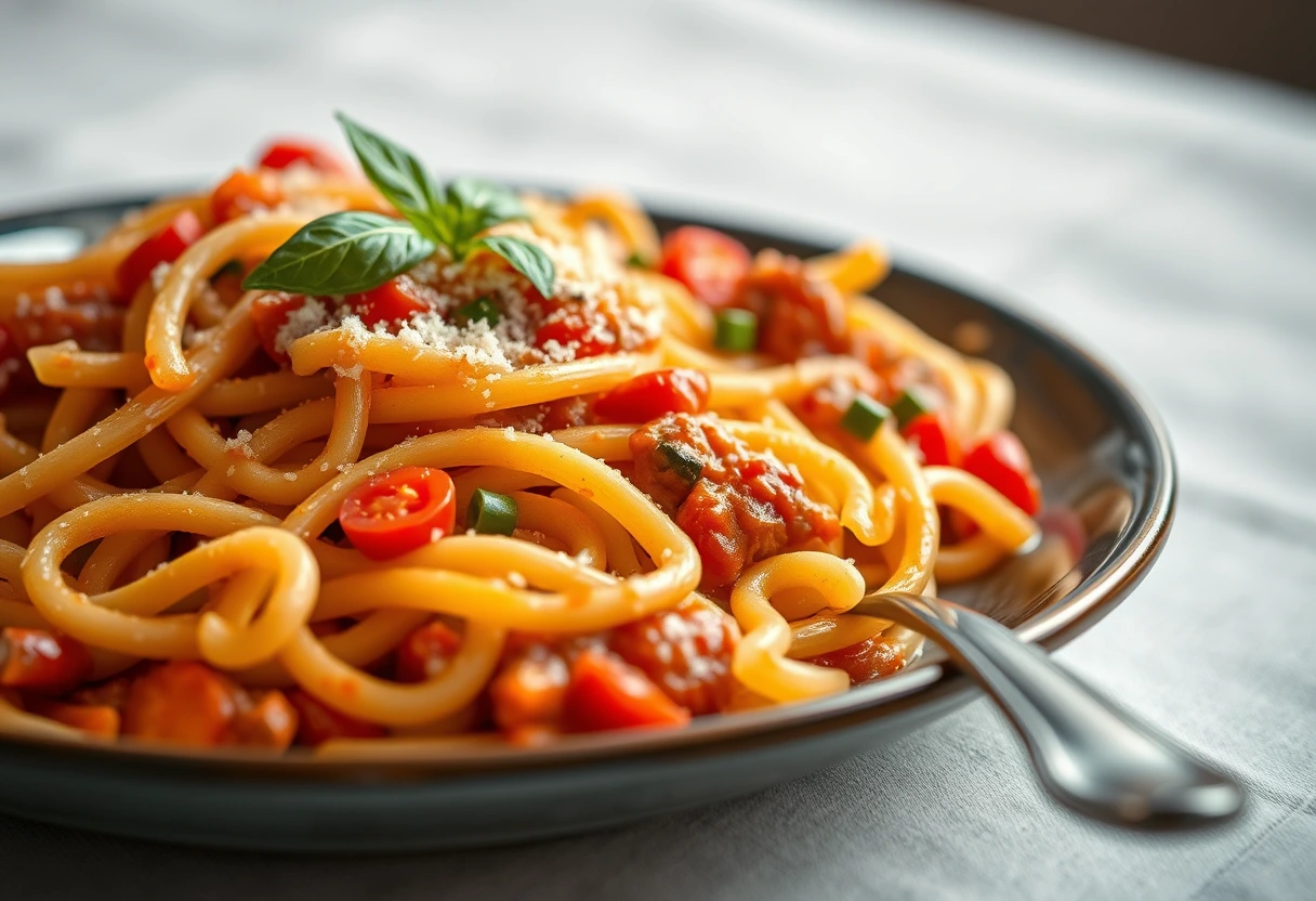 A vibrant and nutritious plate of easy pasta with hidden vegetable sauce, appealing to children, representing stress-free cooking and healthy kid-friendly meals.