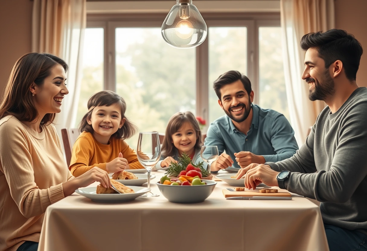A happy family enjoying a relaxed dinner together at a neatly set table, symbolizing wholesome family dinners and the joy of shared mealtimes for busy parents.