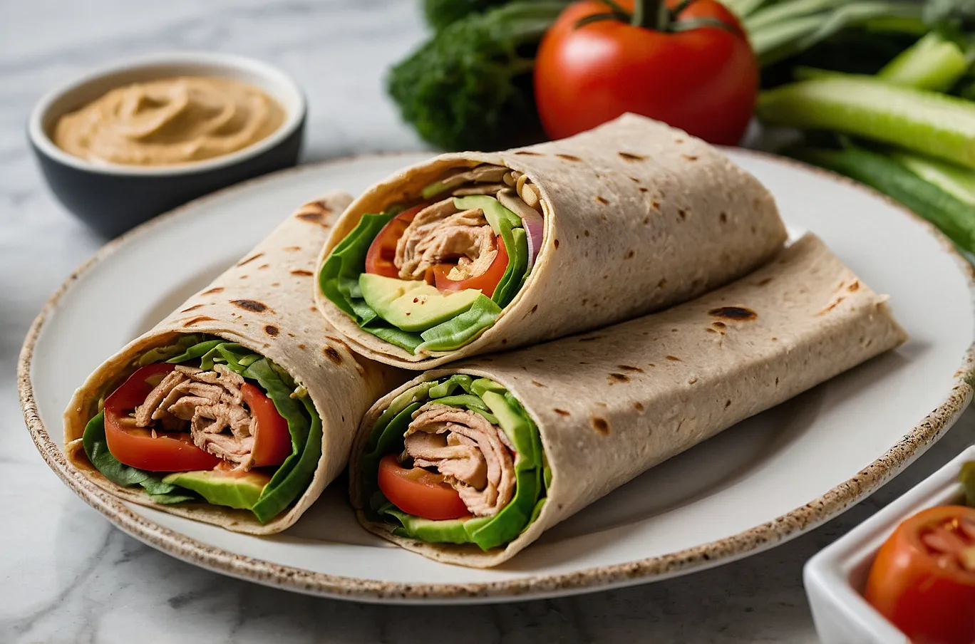 Whole wheat tortilla wraps stuffed with hummus, sliced turkey, and crisp fresh vegetables.