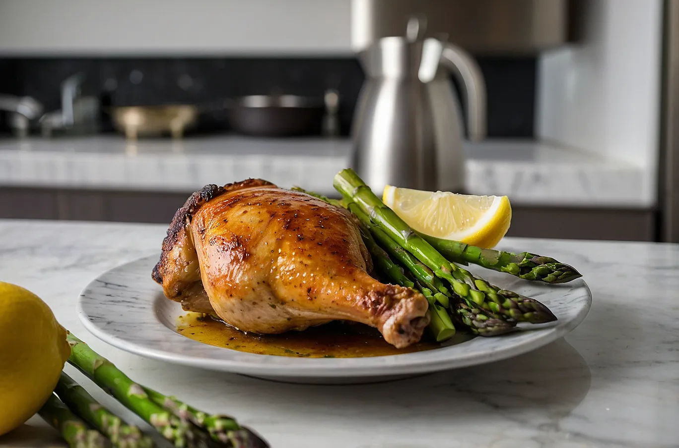 Golden roasted chicken thighs with asparagus and lemon.