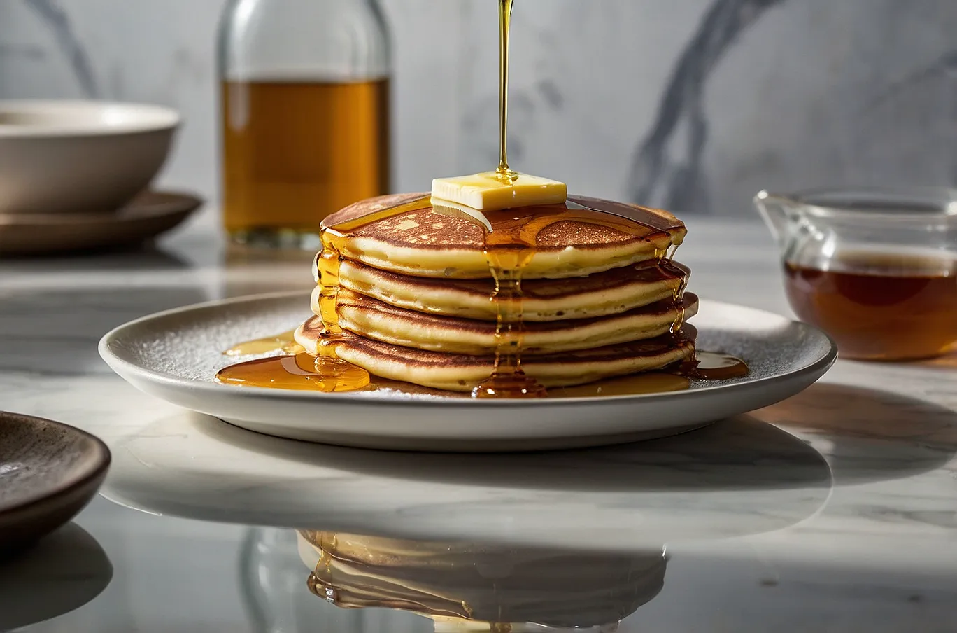 Fluffy pancakes topped with butter and drizzled with honey or maple syrup.