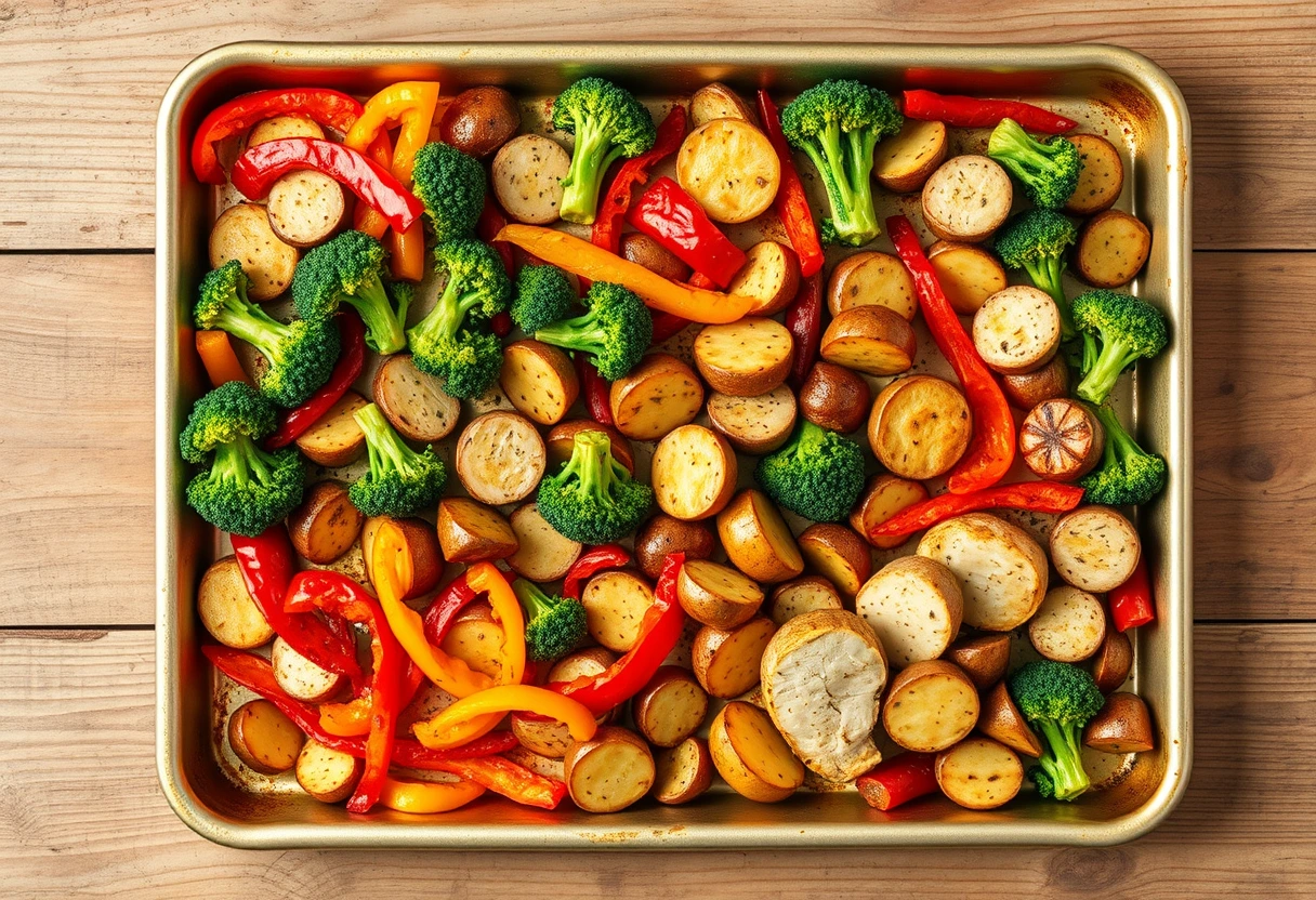 A vibrant, appealing sheet pan dinner featuring colorful roasted vegetables like broccoli, bell peppers, and potatoes mixed with sliced sausage, ready to be served, illustrating a quick and tasty budget meal that won't slow busy moms down.