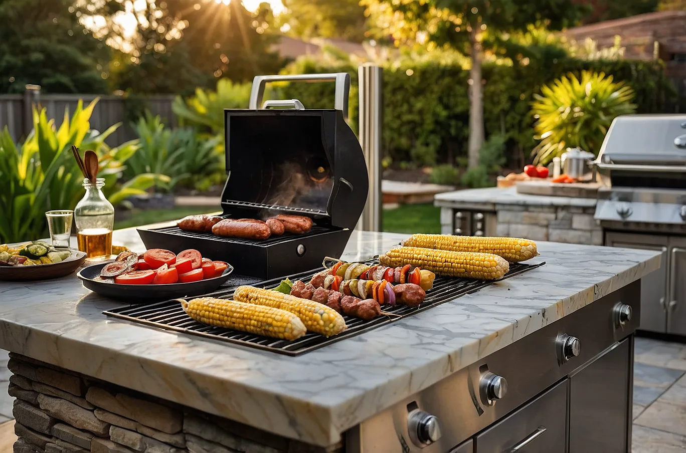 A backyard grill with burgers, hot dogs, and kebabs cooking over an open flame.