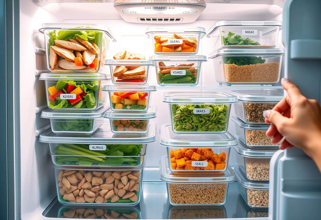 Organized meal prep containers with labeled, healthy meals in a refrigerator, demonstrating smart storage as a crucial element of time-saving meal prep for busy solo moms.