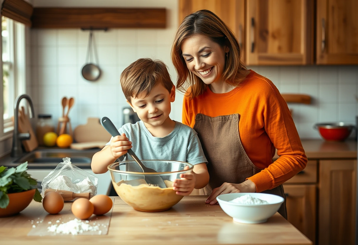 A solo mom and her young child joyfully preparing vegetables together in a bright kitchen, illustrating how involving kids in meal prep can be a time-saving tip for single mothers.