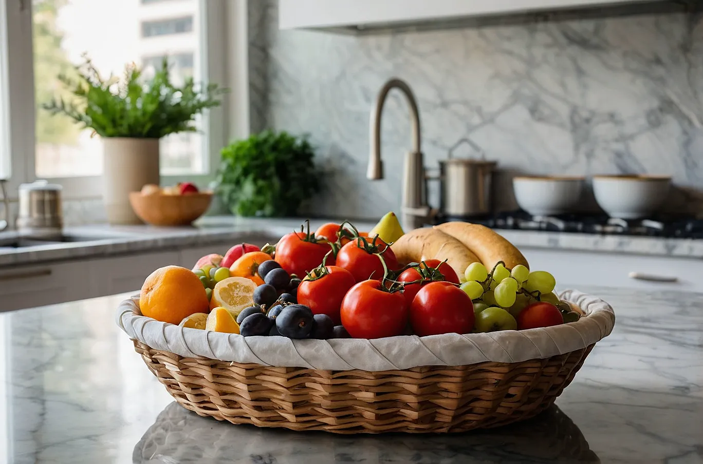 A colorful basket filled with a mix of fresh fruits and vegetables.