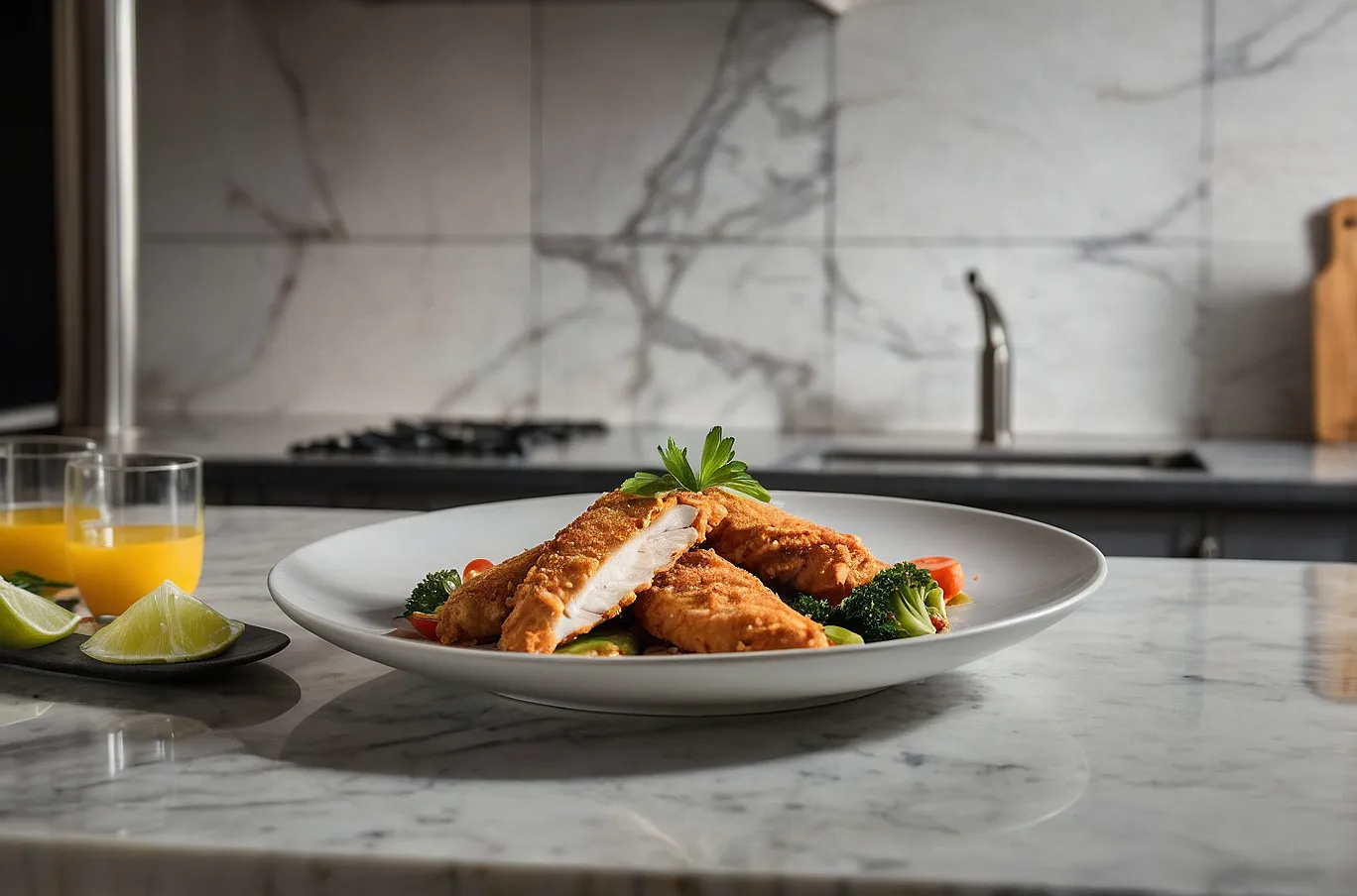 Chicken strip, tender and golden with classic flavor.