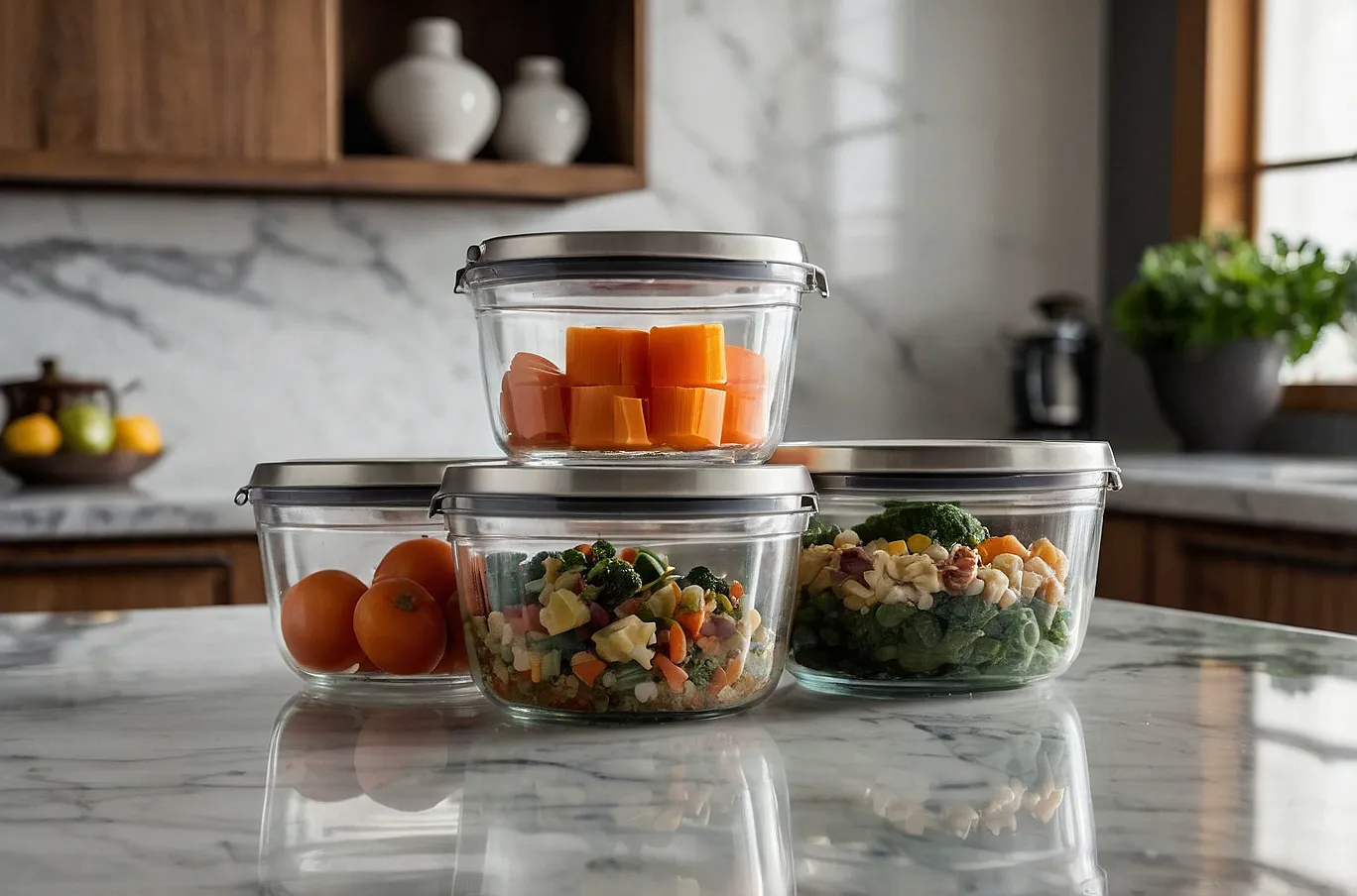Food containers filled with a variety of different foods, ready to eat or reheat.