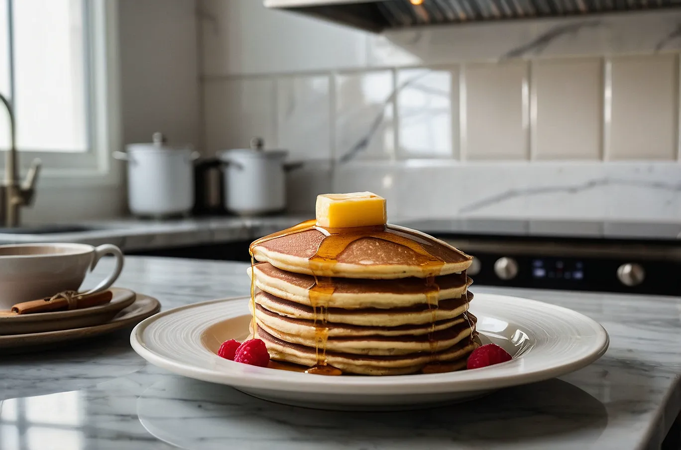 Pancakes stacked high, soft and fluffy with a hint of sweetness.
