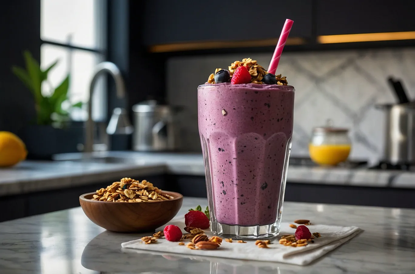 Yogurt smoothie topped with granola and seeds.