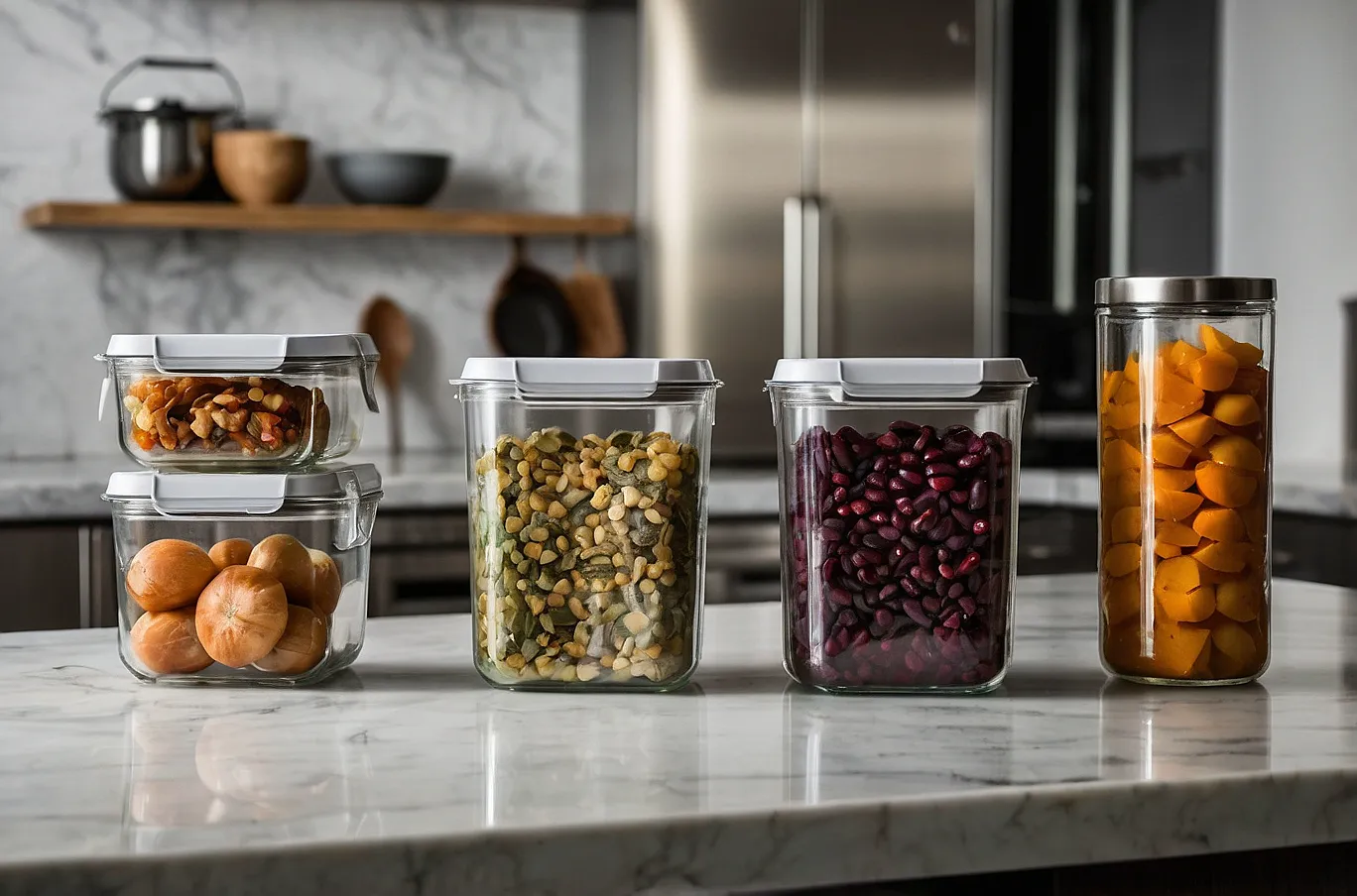 Food containers filled with a variety of different foods, ready to eat or reheat.