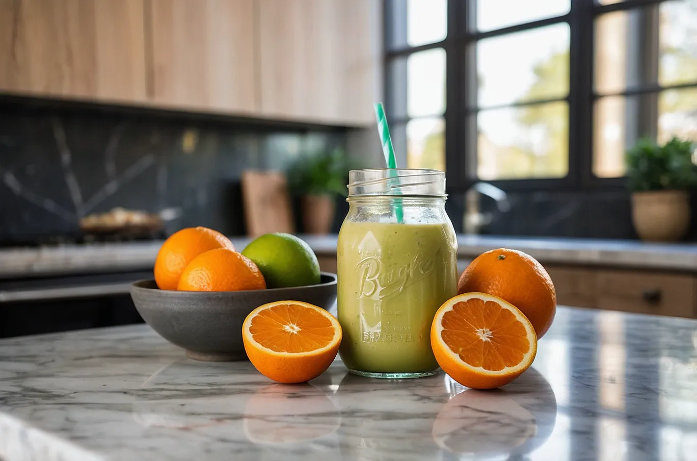 A mason jar filled with a thick, fruity smoothie—refreshing and vibrant.