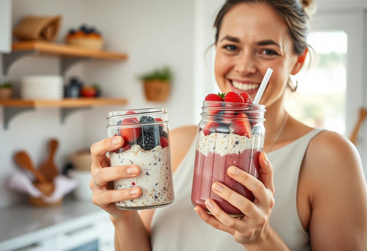A busy mom smiling while holding a pre-made breakfast smoothie and a container of overnight oats, ready for a family vacation. The scene is bright and depicts easy vacation meal prep for families.