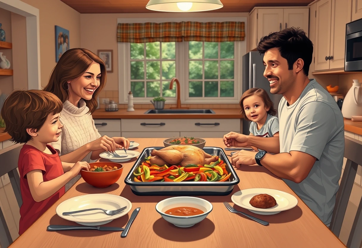 A family enjoying a simple, home-cooked sheet pan dinner together in a cozy vacation rental kitchen. The scene shows relaxed family vacation dining with easy preparation.