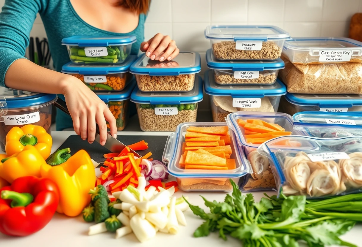 A busy mom in her kitchen pre-chopping vegetables and labeling freezer-friendly meals, showcasing efficient vacation meal preparation tips.