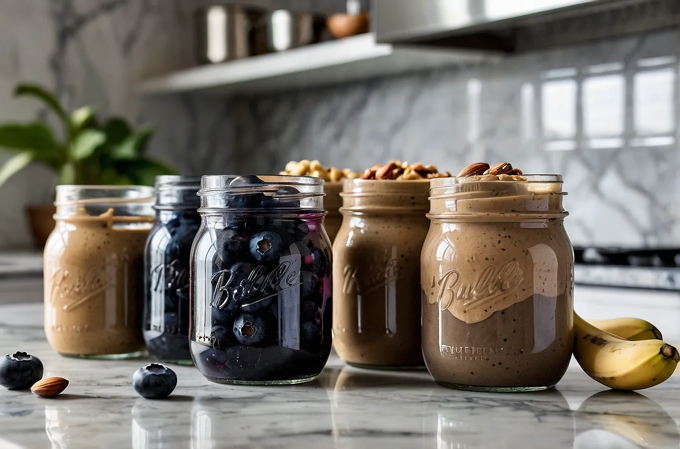 Mason jars packed with blueberries, banana slices, and creamy nut butter.