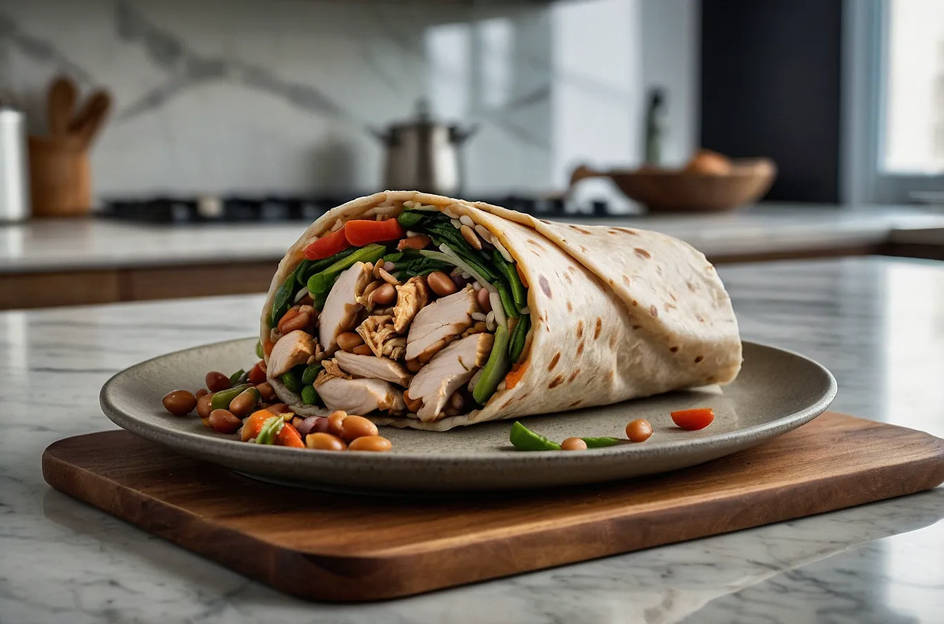 A flavorful wrap filled with chicken, beans, rice, and veggies, served on a plate.