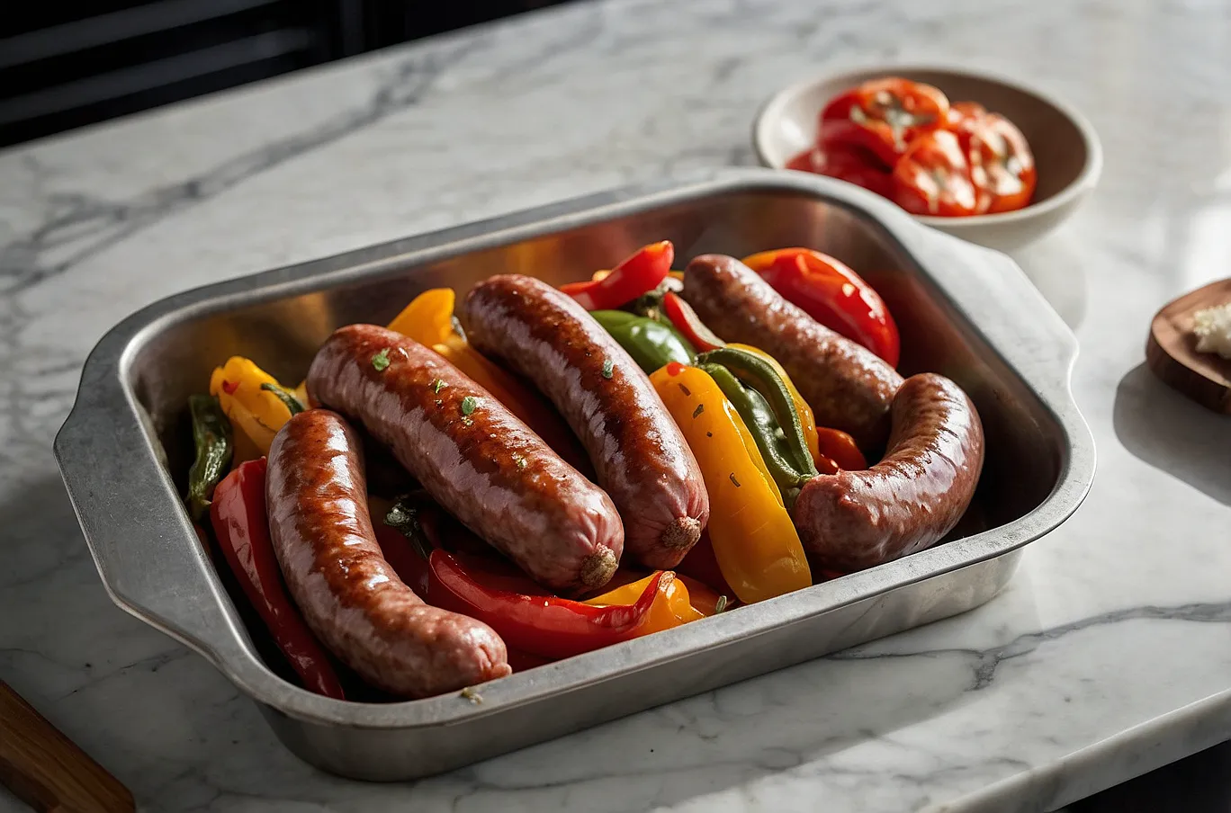 Savory sausage mixed with vibrant, tender peppers.
