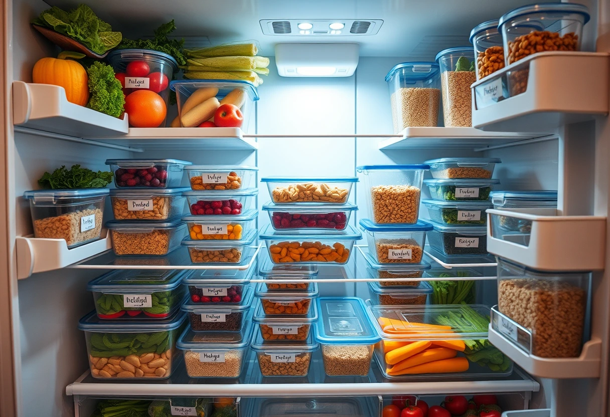 A beautifully organized refrigerator stocked with clear, labeled containers of prepped meals and ingredients for the week, showcasing a successful weekly family meal prep that saves time. Fresh produce, cooked proteins, and grains are neatly arranged, reflecting a harmonious and efficient kitchen. The lighting is bright and inviting.
