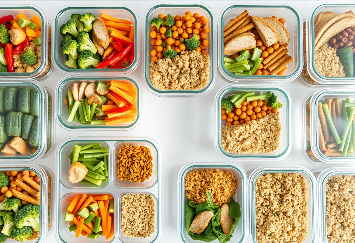 A close-up of a variety of pre-portioned, healthy weekly family meals neatly arranged in meal prep containers, ready to be stored. The focus is on fresh, vibrant ingredients like colorful vegetables, lean proteins, and whole grains, emphasizing organized and healthy eating habits. This visually appealing spread showcases the efficiency of time-saving meal preparation.