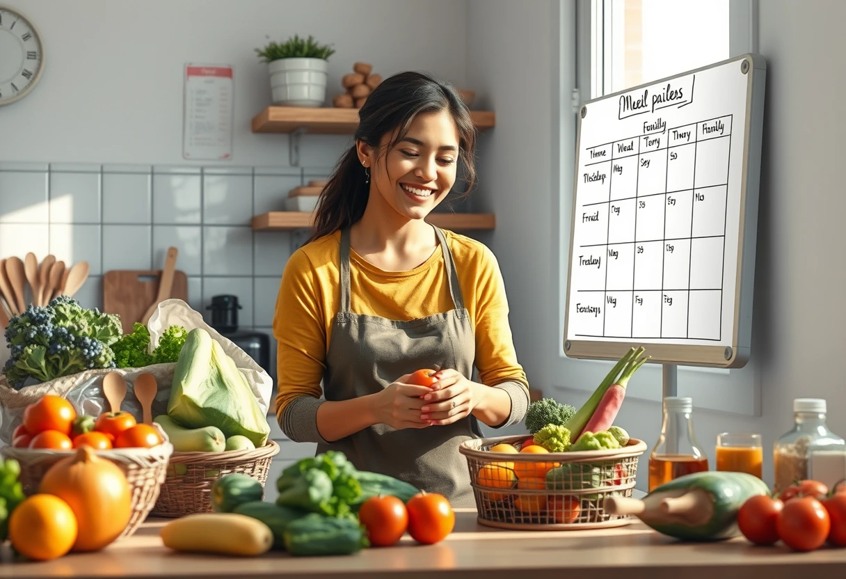 A busy mother happily organizing fresh groceries on a kitchen counter, with a whiteboard displaying an organized weekly meal plan for her family. Natural light from a window illuminates the scene, highlighting the vibrant colors of fresh produce and the neatness of the kitchen. The focus is on the organized aspect of weekly family meal plans.