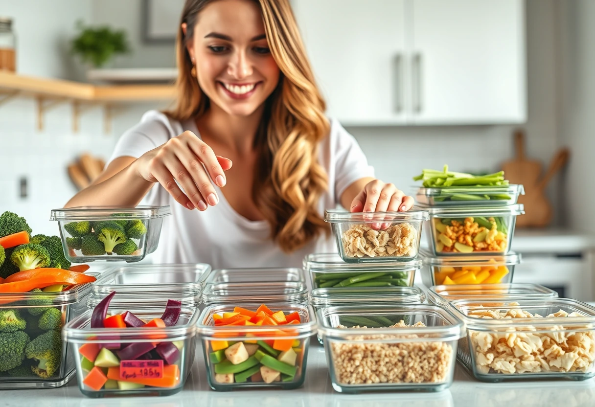 A busy mom smiling while organizing colorful meal prep containers in her kitchen, demonstrating how easy weeknight dinners can be for moms.