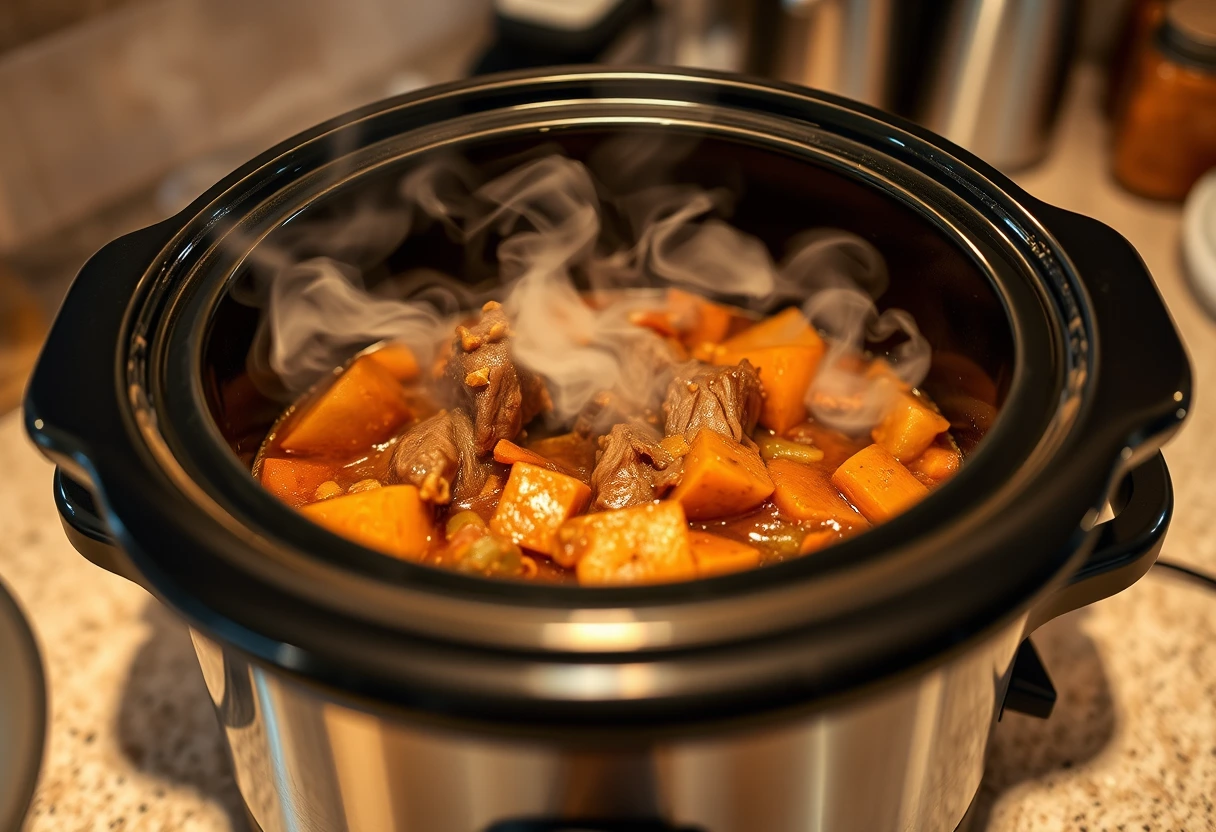 A slow cooker gently bubbling with a rich stew, representing easy weeknight dinners for moms through hands-off cooking.
