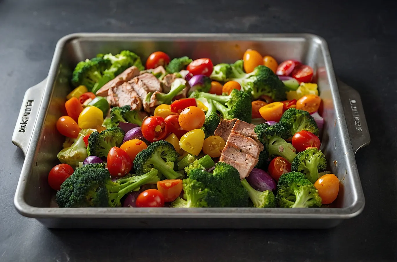 Seasoned chicken and vegetables ready on a baking sheet for roasting.